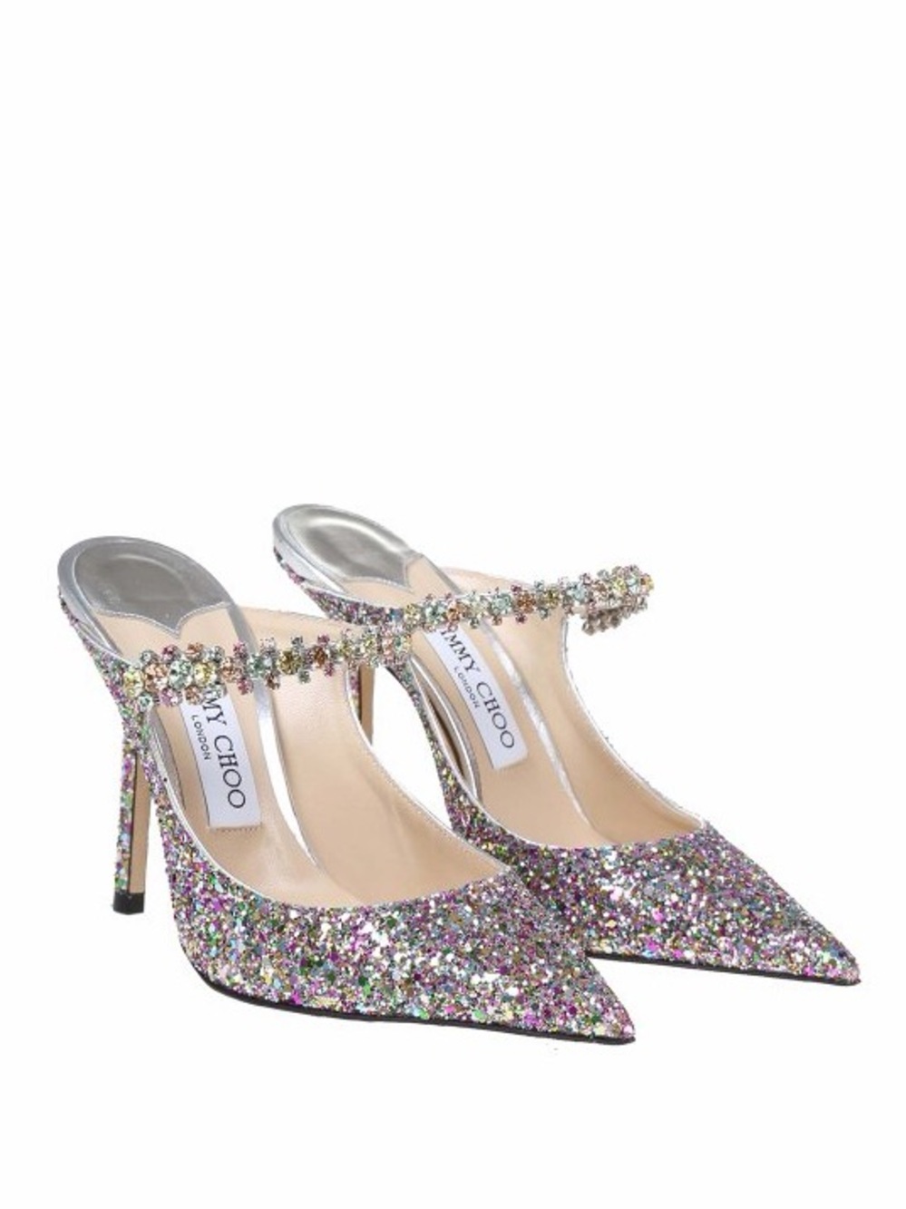 Jimmy Choo Bing 100 mules, featuring a vibrant multicolour confetti glitter fini